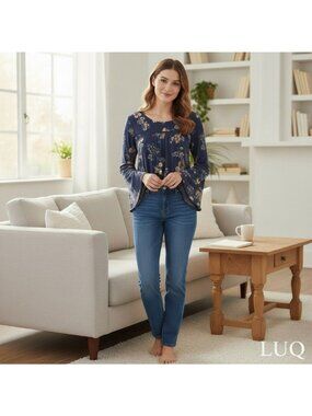 Floral Bell Sleeve Top In Navy Blue With Scoop Neck & Crochet Details